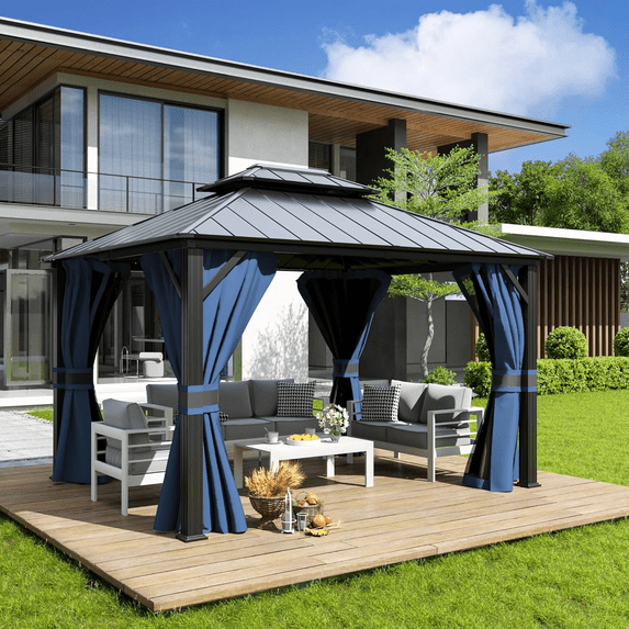 ELPOSUN Outdoor Living 12’ X 16’ Hardtop Gazebo Canopy with Netting & Curtains, Outdoor Aluminum Gazebo with Galvanized Steel Double Roof for Patio Lawn and Garden, Blue
