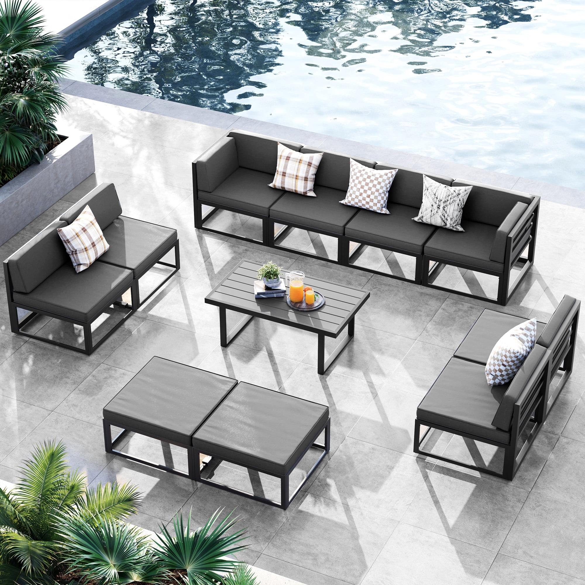 ELPOSUN Aluminum Patio Furniture Set, 11 Pieces Modern Metal Outdoor Furniture, Faux Wood Grain Finish Frame Patio Sofa Sets with 6" Cushion for Backyard, Gray (Included Waterproof Covers)