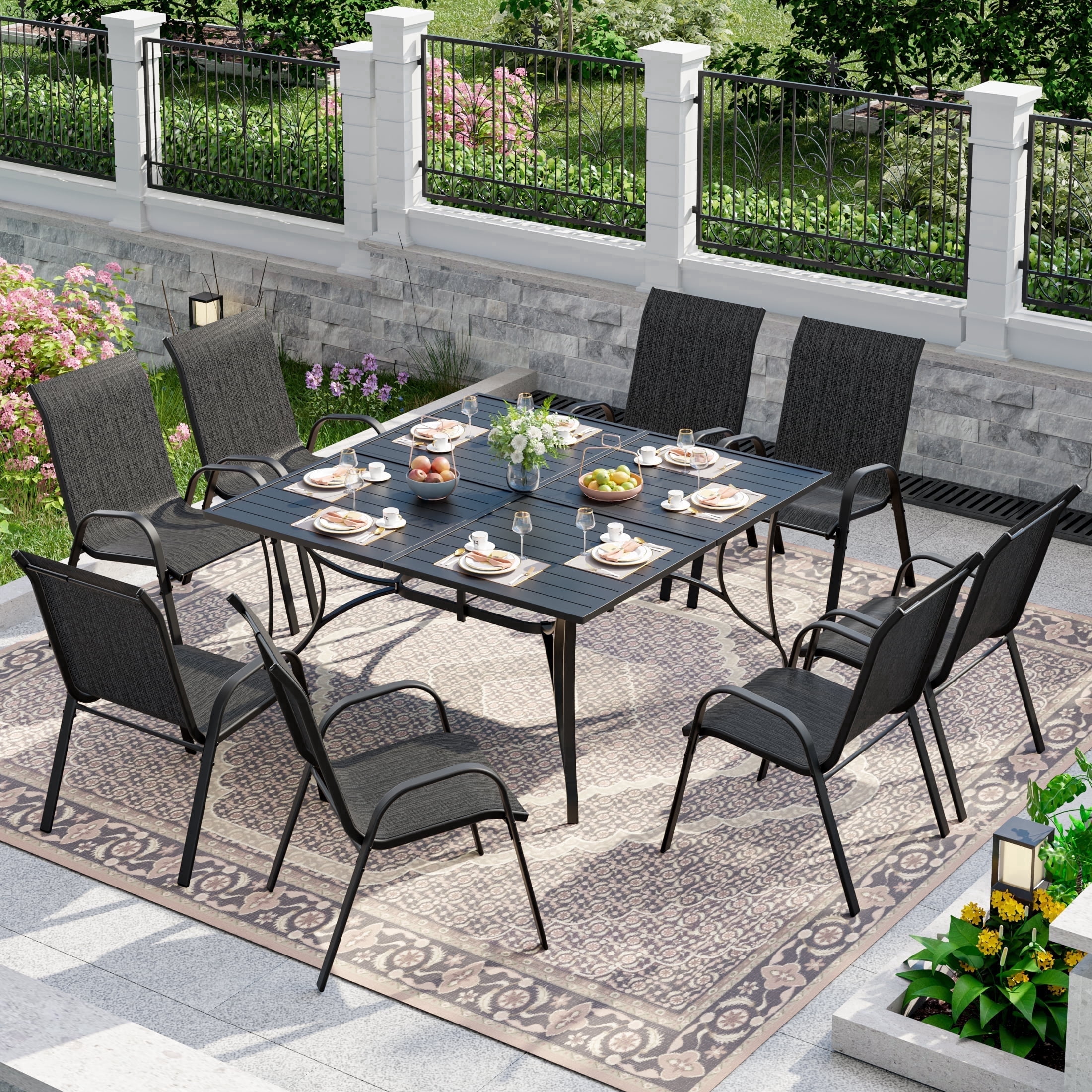 ELPOSUN 9-Piece Outdoor Patio Dining Set, 8 Textilene Chairs & Large Square Steel Table with Umbrella Hole, All-Weather Furniture for Garden, Balcony,Dark gray