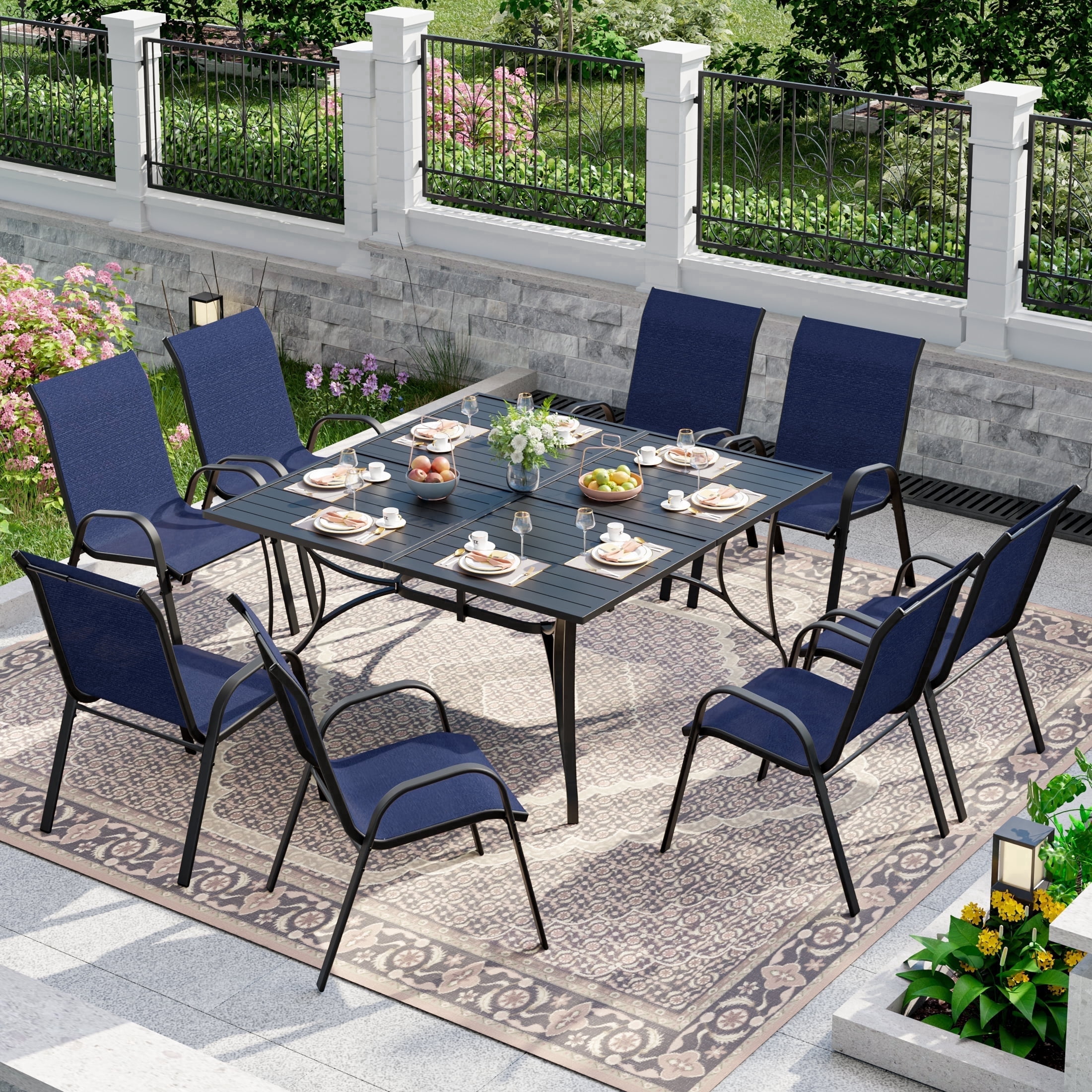 ELPOSUN 9-Piece Outdoor Patio Dining Set, 8 Textilene Chairs & Large Square Steel Table with Umbrella Hole, All-Weather Furniture for Garden, Balcony,Deep Blue