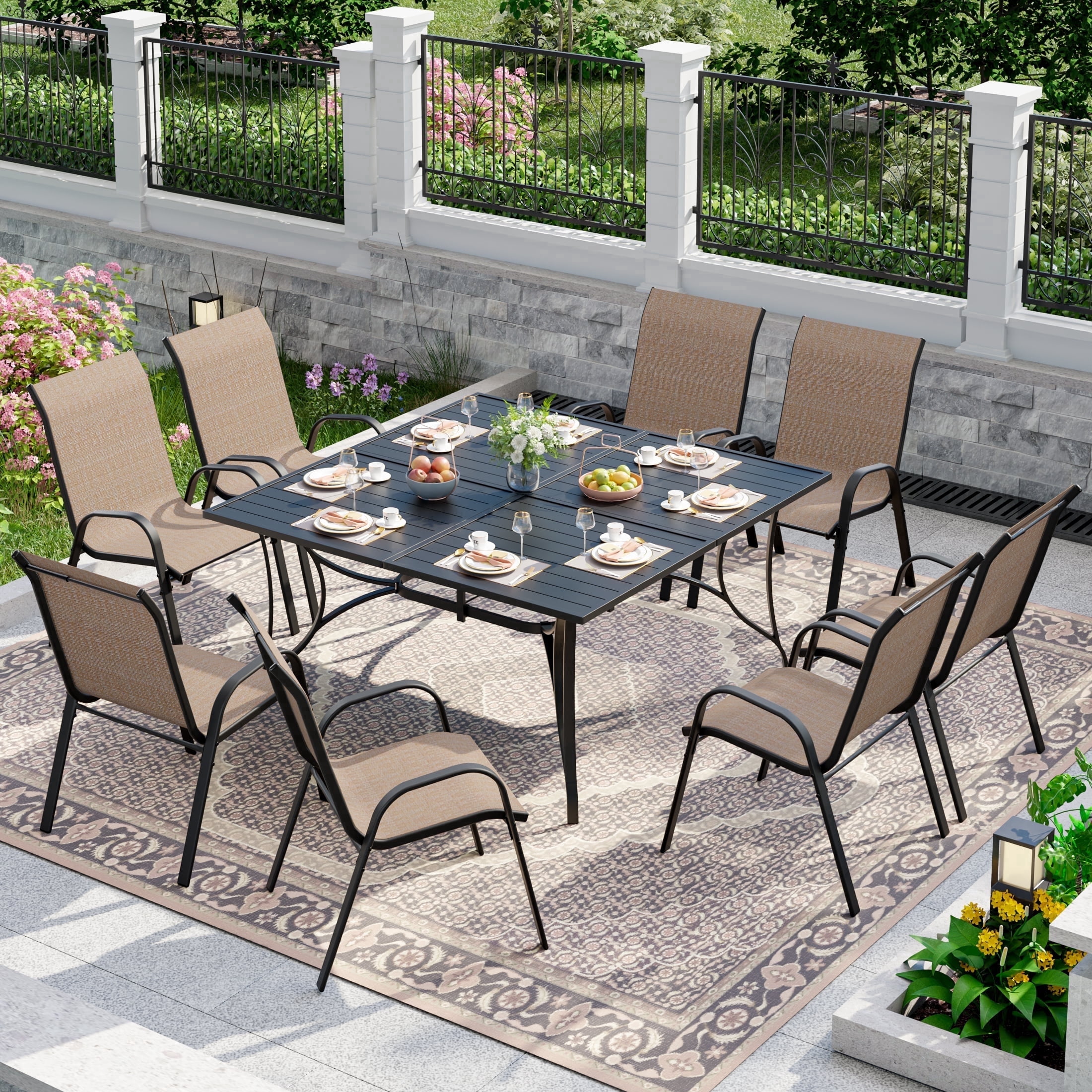 ELPOSUN 9-Piece Outdoor Patio Dining Set, 8 Textilene Chairs & Large Square Steel Table with Umbrella Hole, All-Weather Furniture for Garden, Balcony,Khaki