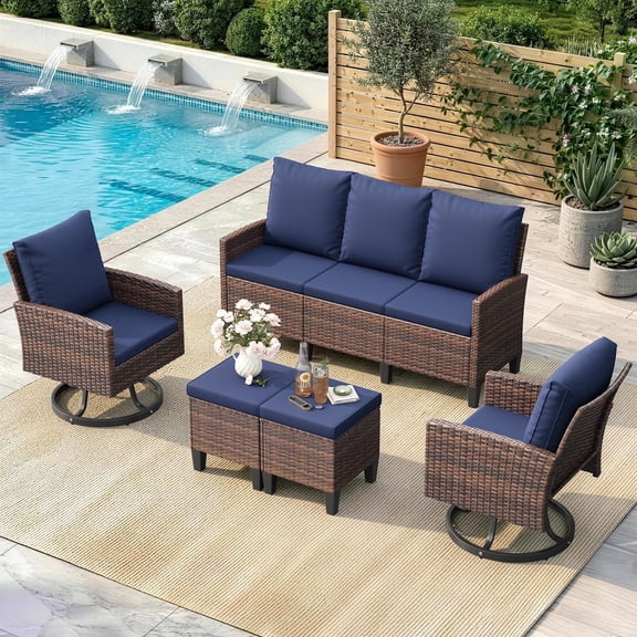 ELPOSUN Outdoor Patio Furniture Set, 5 Pieces All-Weather Wicker Rattan Outdoor Patio Conversation Set with Swivel Chairs and ottomans, for Garden,Poolside,Backyard, Brown&Blue