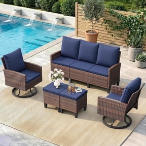 ELPOSUN Outdoor Patio Furniture Set, 5 Pieces All-Weather Wicker Rattan Outdoor Patio Conversation Set with Swivel Chairs and ottomans, for Garden,Poolside,Backyard, Brown&Blue