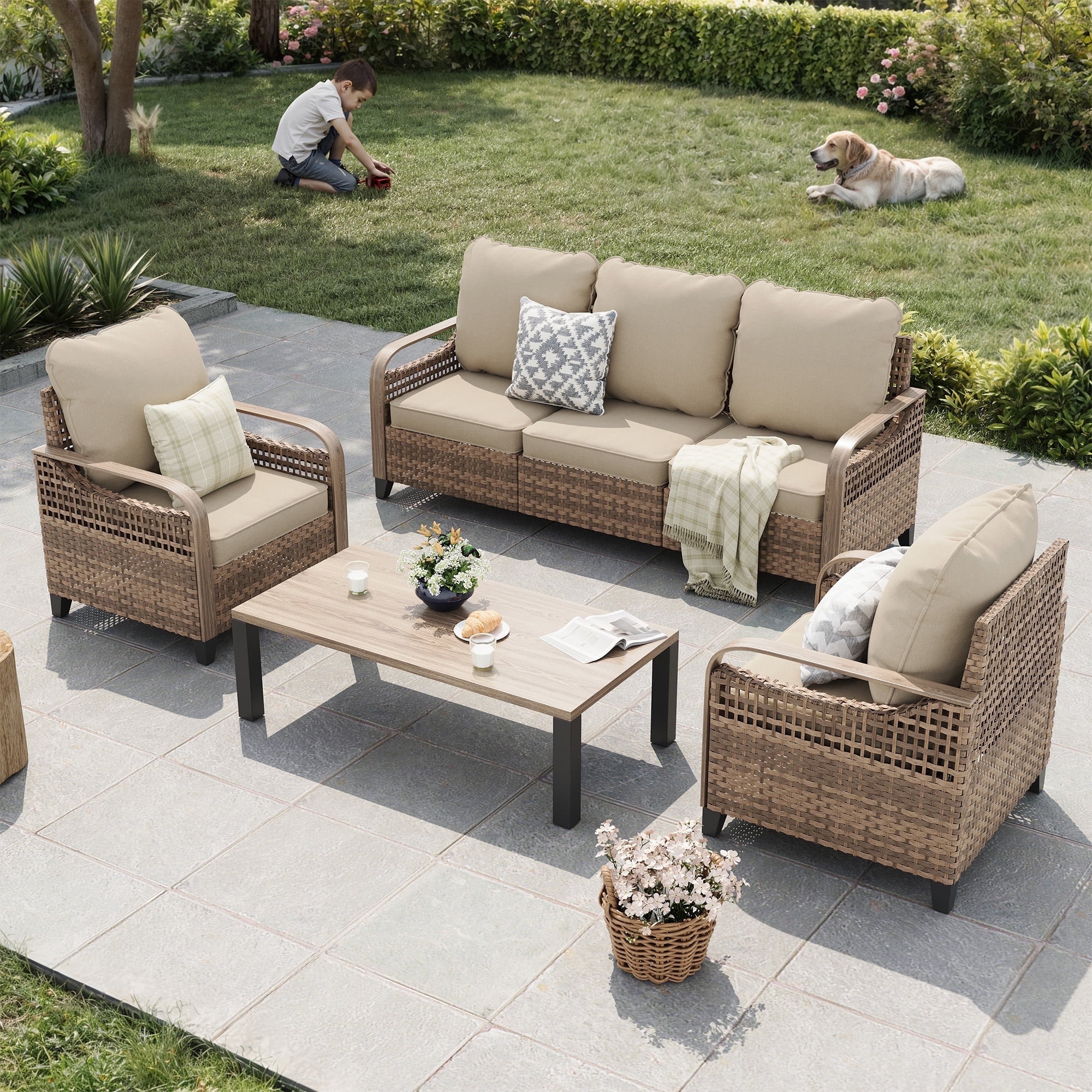 ELPOSUN 5-Seat Outdoor Patio Furniture Set - Modular Wicker Sectional Sofa & Thickened Cushions for Garden, Porch, Yard, and Poolside