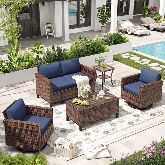 ELPOSUN Outdoor Patio Furniture Set,Rattan outdoor Conversation Set,6 Pieces Wicker Rattan Sectional Furniture with Rocking Swivel Chair for Backyard,Poolside, Navy Blue (Include Waterproof Covers)