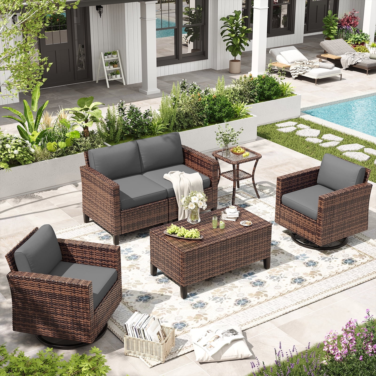 ELPOSUN Outdoor Patio Furniture Set,Rattan outdoor Conversation Set,6 Pieces Wicker Rattan Sectional Furniture with Rocking Swivel Chair for Backyard,Poolside, Grey (Include Waterproof Covers)