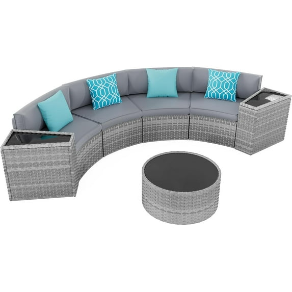 ELPOSUN Outdoor Patio Furniture Sets, 7 Pieces Curved Patio Sectional Couch with Storage Armrest Table and 4 Pillows, Curved Outdoor Sofa Fit Porch Poolside (Included Waterproof Cover) (Gray)