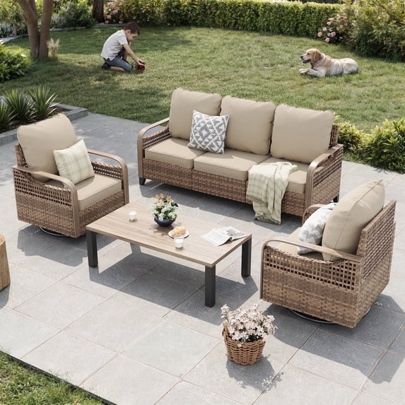ELPOSUN 5-Seat Outdoor Patio Furniture Set - Modular Wicker Sectional Sofa with Swivel Chairs & Thickened Cushions for Garden, Porch, Yard, and Poolside