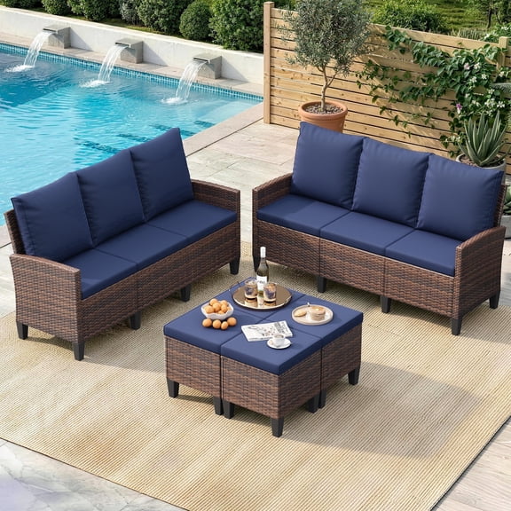 ELPOSUN Outdoor Patio Sectional 3-Seater Sofa Set of 2,6 Pieces All Weather Wicker Patio Furniture Set High Back Patio Couch with Ottomans for Porch,Garden,Backyard,Brown&Blue