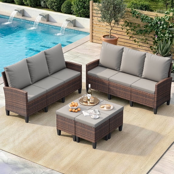 ELPOSUN Outdoor Patio Sectional 3-Seater Sofa Set of 2,6 Pieces All Weather Wicker Patio Furniture Set High Back Patio Couch with Ottomans for Porch,Garden,Backyard,Brown&Gray