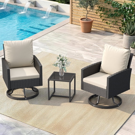 ELPOSUN Outdoor Patio Swivel Chair Set, 3 Pieces Patio Bistro Set with Side Table Set, All-Weather Wicker Patio Furniture Set with Cushions for Garden,Backyard,porch,Black&Beige