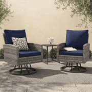 ELPOSUN Outdoor Patio Swivel Chair Set, 3 Pieces Patio Bistro Set with Side Table Set, All-Weather Wicker Patio Furniture Set with Cushions for Garden, Backyard, Porch,Blue