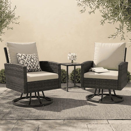 ELPOSUN Outdoor Patio Swivel Chair Set, 3 Pieces Patio Bistro Set with Side Table Set, All-Weather Wicker Patio Furniture Set with Cushions for Garden,Backyard,porch,Black&Beige