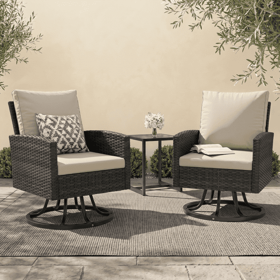 ELPOSUN Outdoor Patio Swivel Chair Set, 3 Pieces Patio Bistro Set with Side Table Set, All-Weather Wicker Patio Furniture Set with Cushions for Garden,Backyard,porch,Black&Beige