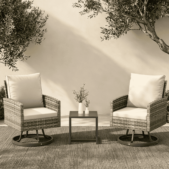 ELPOSUN Outdoor Patio Swivel Chair Set, 3Pieces Patio Bistro Set with Side Table Set, All-Weather Wicker Patio Furniture Set with Cushions for Garden,Backyard,porch,Yellow&Beige