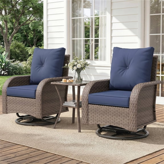 ELPOSUN Outdoor Patio Swivel Rocking Chair Set of 2, 3 Pieces All-Weather Wicker Patio Furniture Bistro Set with Side Table for Garden, Backyard, porch, Brown&Blue