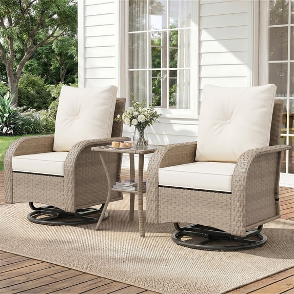 ELPOSUN Outdoor Patio Swivel Rocking Chair Set of 2, 3 Pieces All-Weather Wicker Patio Furniture Bistro Set with Side Table for Garden, Backyard, porch, Yellow&Beige