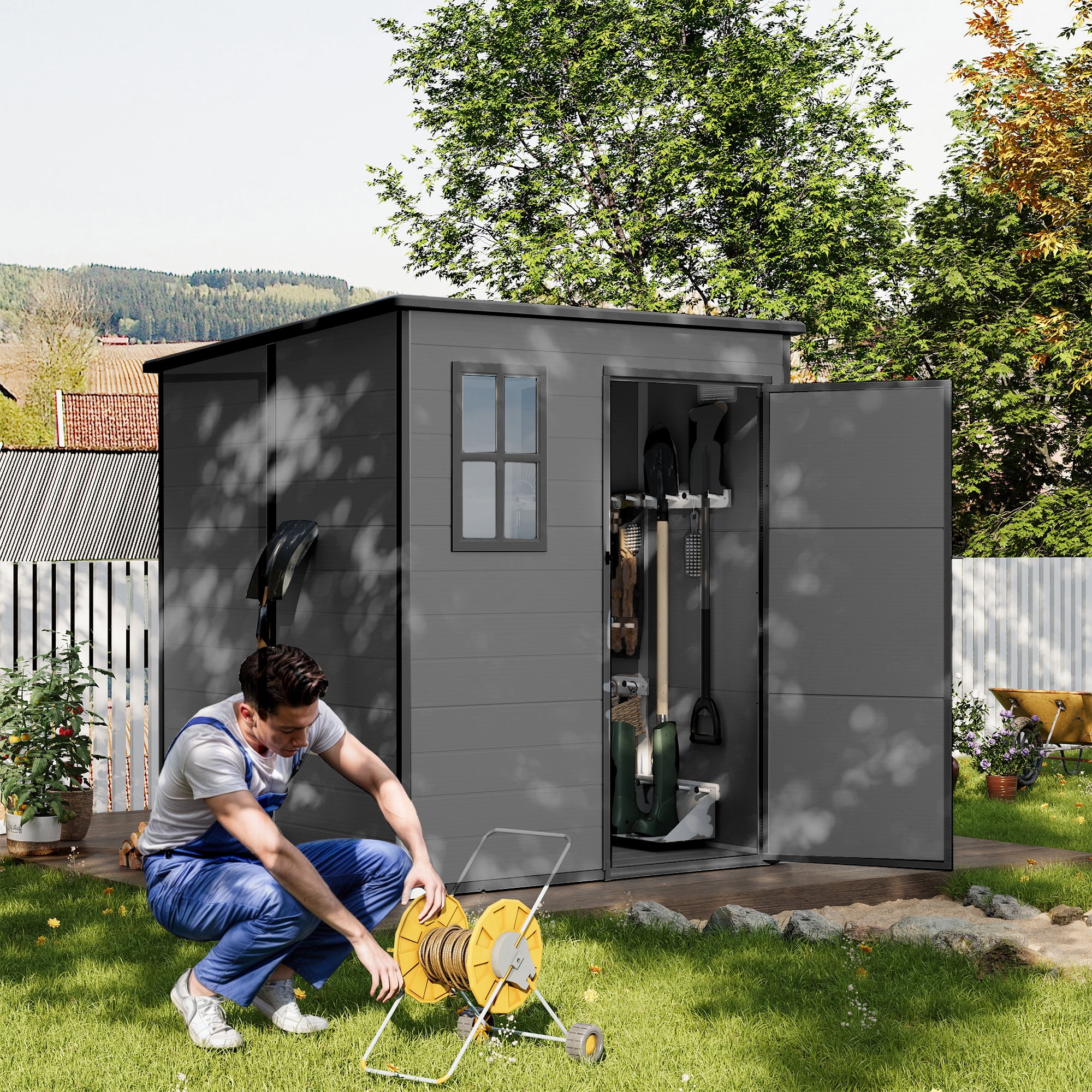 ELPOSUN Outdoor Resin Storage Shed 6x6 FT,Plastic Garden Shed for Bike,Garbage Can, Tool,Outside Sheds with Lockable Door for Backyard,Patio, Lawn,Dark Gray,Dark Gray