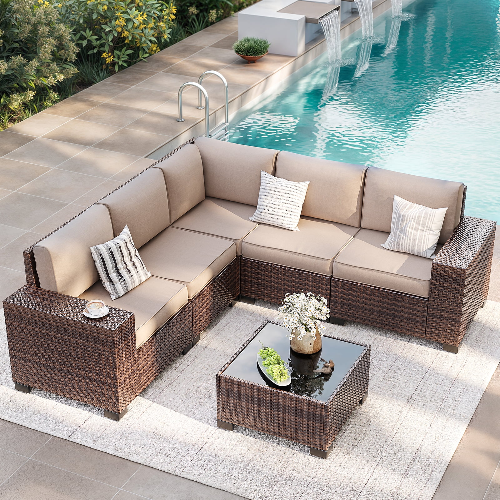 ELPOSUN Outdoor Sectional Furniture Set 6-Piece Brown Rattan Wicker Conversation Sofa Set with Glass Top Table,Beige Cushions