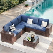 ELPOSUN Outdoor Sectional Furniture Set 6-Piece Brown Rattan Wicker Conversation Sofa Set with Glass Top Table and Waterproof Covers,Blue Cushions