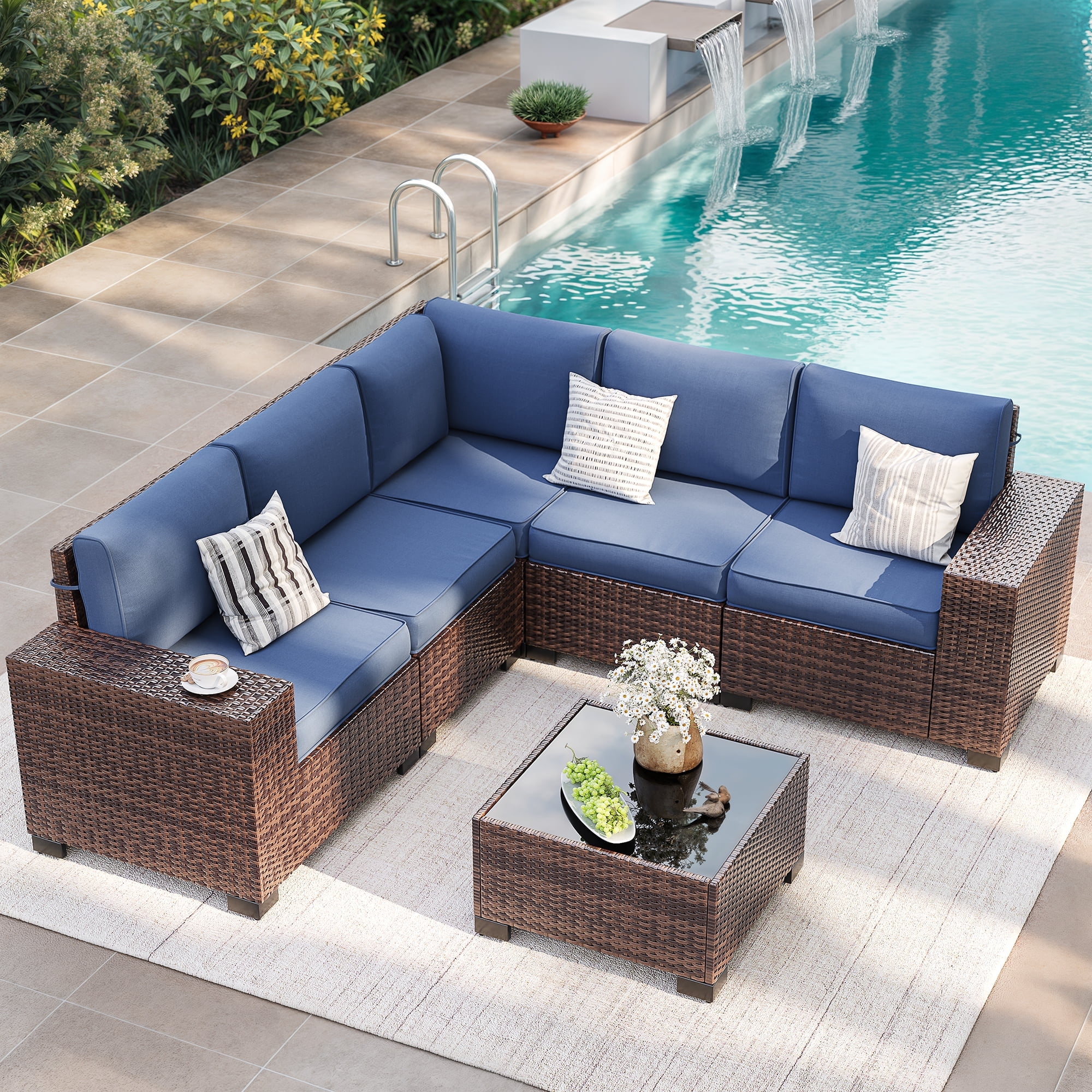 Elposun 7pc Rattan Wicker Sofa Couch & Outside Table Patio Conversation Set, Blue
