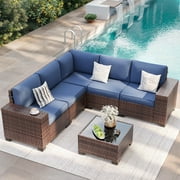 ELPOSUN Outdoor Sectional Furniture Set 6-Piece Brown Rattan Wicker Conversation Sofa Set with Glass Top Table and Waterproof Covers,Blue Cushions
