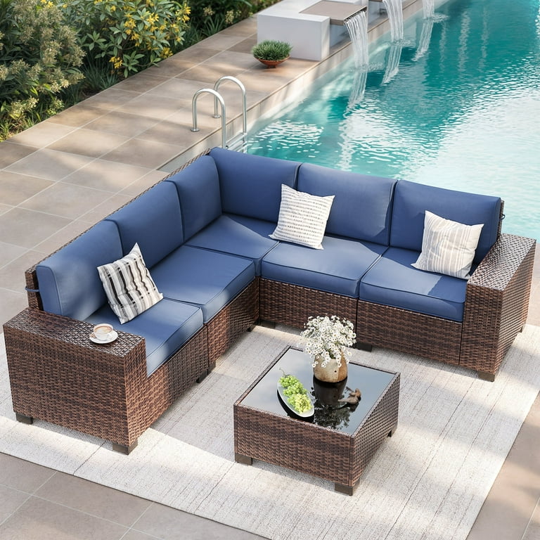 ELPOSUN 6-Piece Outdoor Sectional Sofa Set, Brown Rattan, Blue