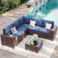 thumbnail image 1 of ELPOSUN Outdoor Sectional Furniture Set 6-Piece Brown Rattan Wicker Conversation Sofa Set with Glass Top Table ,Blue Cushions, 1 of 9