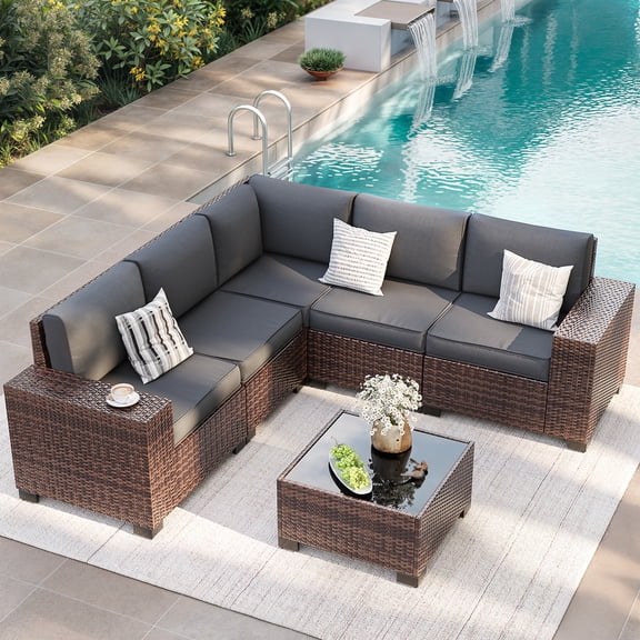 ELPOSUN Outdoor Sectional Furniture Set 6-Piece Brown Rattan Wicker Conversation Sofa Set with Glass Top Table ,Gray Cushions