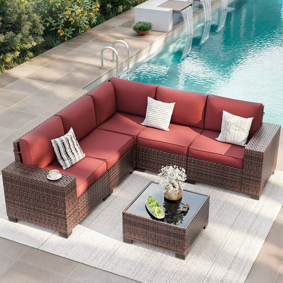 ELPOSUN Outdoor Sectional Furniture Set 6-Piece Brown Rattan Wicker Conversation Sofa Set with Glass Top Table and Waterproof Covers,Red Cushions