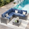 thumbnail image 1 of ELPOSUN Outdoor Sectional Furniture Set 6-Piece Gray Rattan Wicker Conversation Sofa Set with Glass Top Table and Waterproof Covers,Blue Cushions, 1 of 7