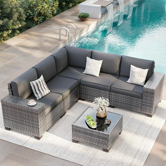 ELPOSUN Outdoor Sectional Furniture Set 6-Piece Gray Rattan Wicker Conversation Sofa Set with Glass Top Table and Waterproof Covers,Gray Cushions