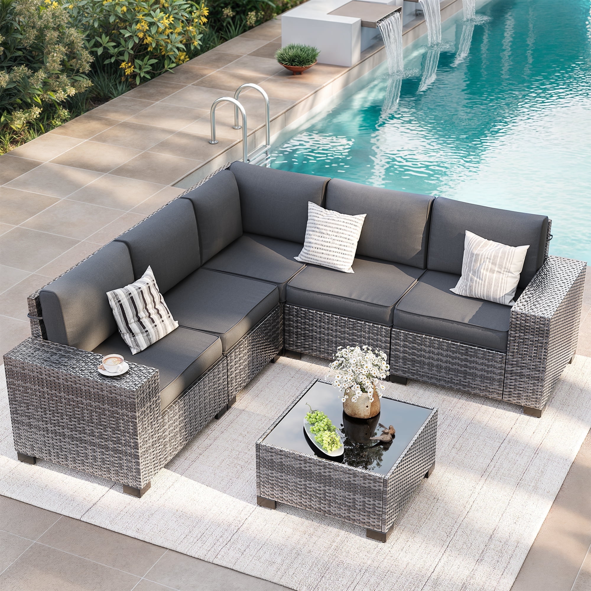 ELPOSUN Outdoor Sectional Furniture Set 6-Piece Gray Rattan Wicker Conversation Sofa Set with Glass Top Table and Waterproof Covers,Gray Cushions