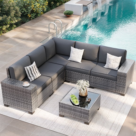 ELPOSUN Outdoor Sectional Furniture Set 6-Piece Gray Rattan Wicker Conversation Sofa Set with Glass Top Table and Thick Cushion,Gray Cushions