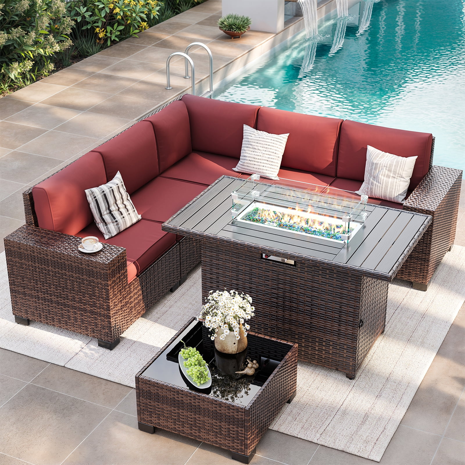 ELPOSUN Outdoor Sectional Furniture Set with Fire Pit Table, 7-Piece Brown Rattan Wicker Conversation Sofa Set for Porch Garden Backyard Balcony,Wine Red