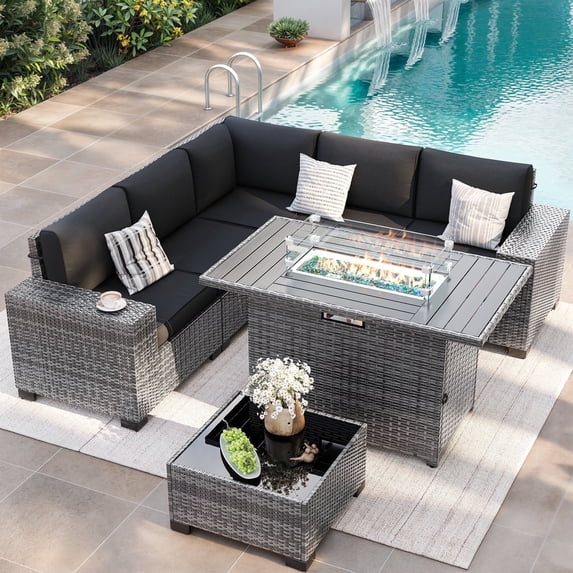 ELPOSUN Outdoor Sectional Furniture Set with Fire Pit Table, 7-Piece Gray Rattan Wicker Conversation Sofa Set for Porch Garden Backyard Balcony,Black