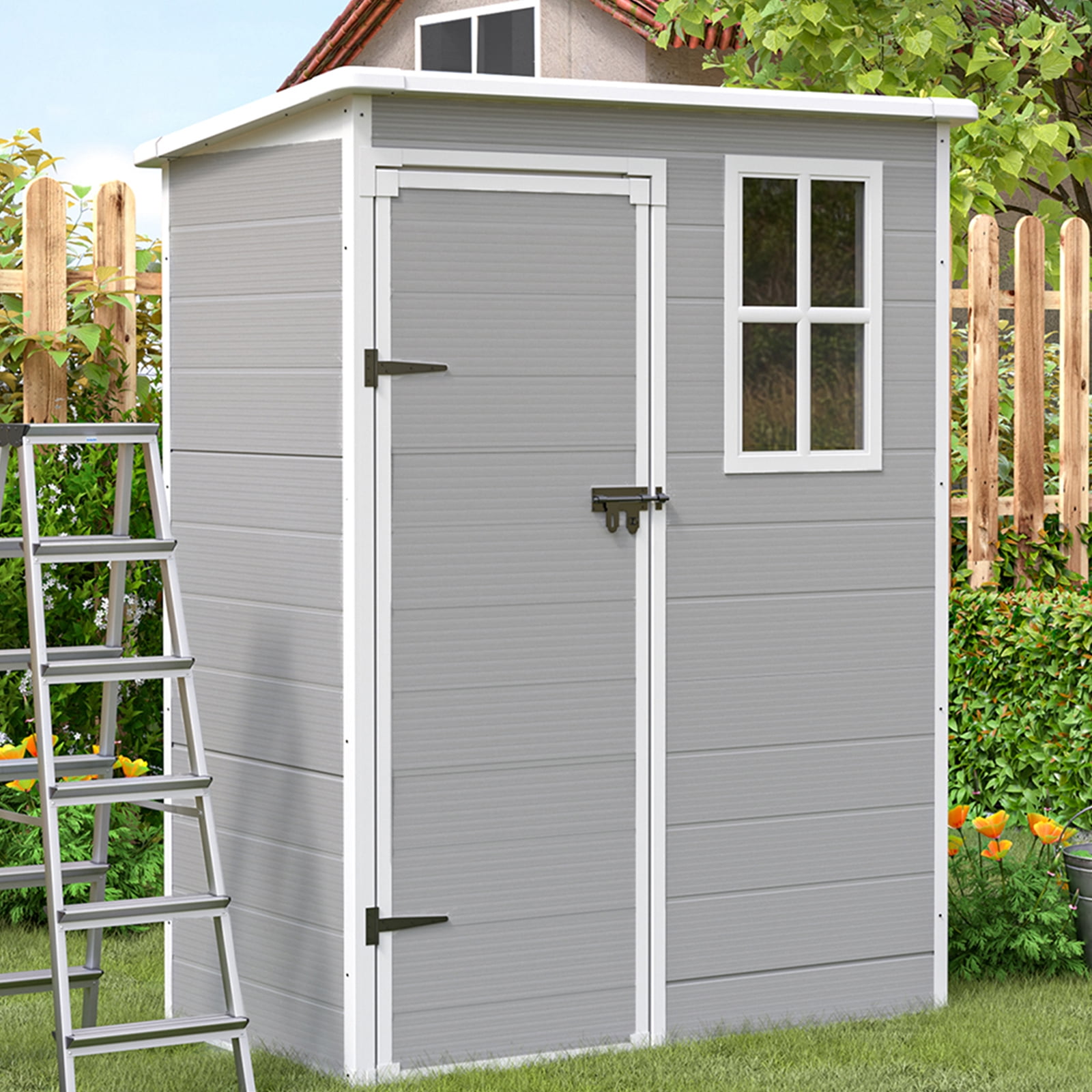 ELPOSUN 5x3 Ft Resin Garden Shed, Outdoor Storage for Bike, Tools & Trash Bin, Lockable Plastic