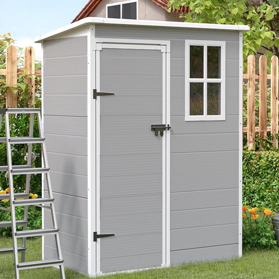 ELPOSUN Outdoor Storage Shed 5x3 FT, Resin Garden Shed for Bike, Garbage Can, Tool, Plastic Outside Sheds & Outdoor Storage Storage Box with Lockable Door for Backyard, Patio, Lawn, Grey & White