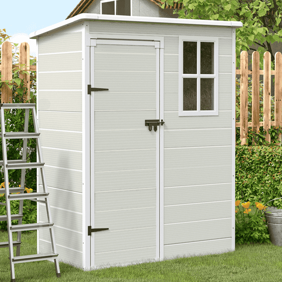 ELPOSUN Outdoor Storage Shed 5x3 FT, Resin Garden Shed for Bike, Garbage Can, Tool, Plastic Outside Sheds & Outdoor Storage Storage Box with Lockable Door for Backyard, Patio, Lawn, Sandstone