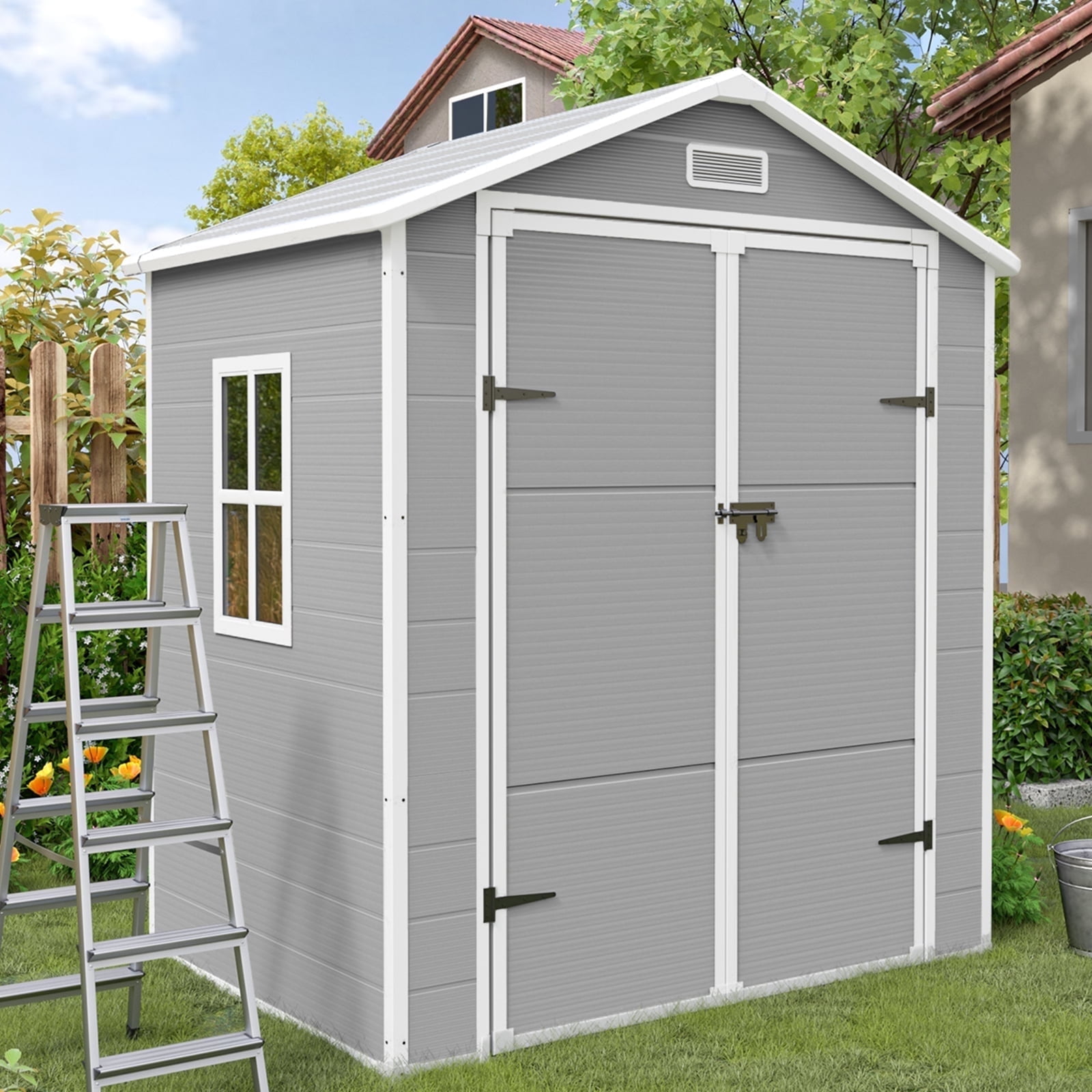 Walmart discount codes: ELPOSUN 6x4.5 FT Garden Storage Shed, Waterproof Resin Outdoor Shed for Backyard, Lawn, Patio, Grey & White