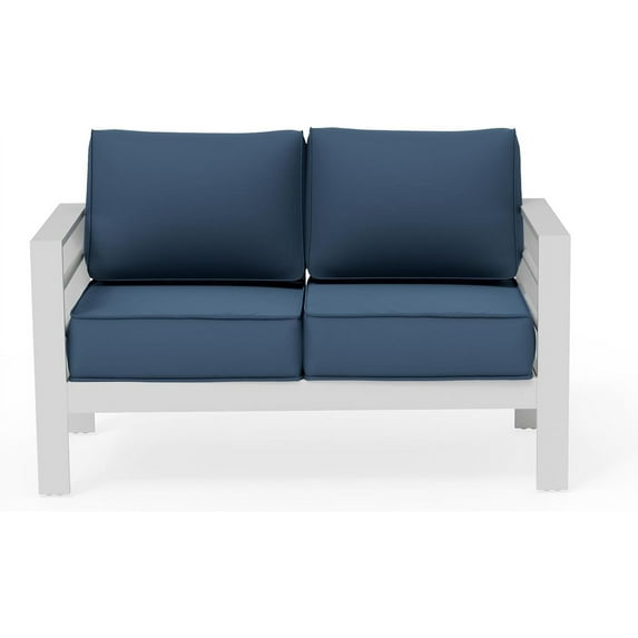 ELPOSUN Oversized Patio Furniture Aluminum Loveseat, All-Weather Outdoor 2 Seats Sofa Couch, Modern Metal Chair w/ 5 Inch Cushions, White and Blue (Include Waterproof Sofa Covers)