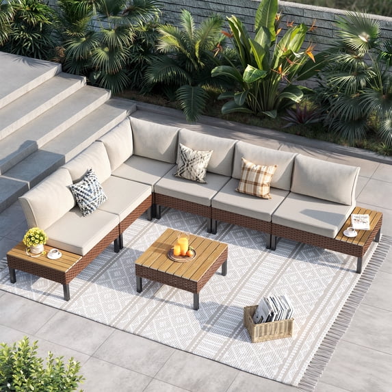 ELPOSUN 7-Piece L-Shaped Outdoor Sectional Sofa ,Patio Furniture with Water-resistant Cushions & Side Tables (Beige Grey)