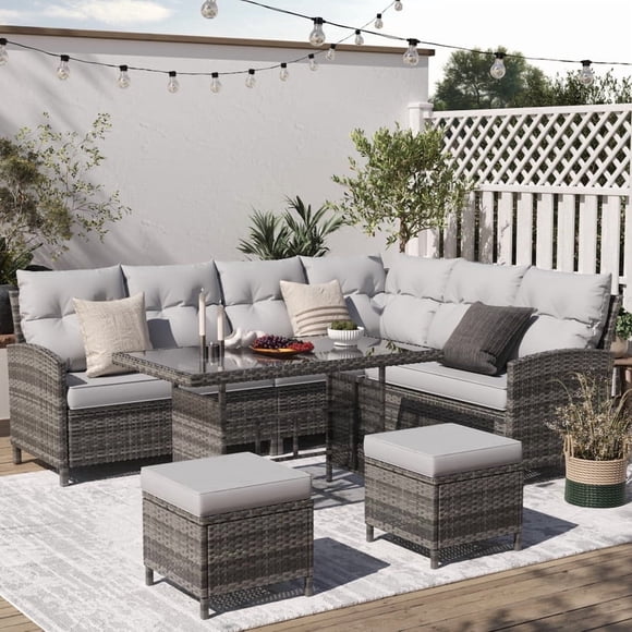 ELPOSUN 7-Piece Outdoor Patio Furniture Set - Sectional Sofa, Dining Table & Chairs Included, All-Weather Conversation Set with Ottoman, Gray Rattan,Gray