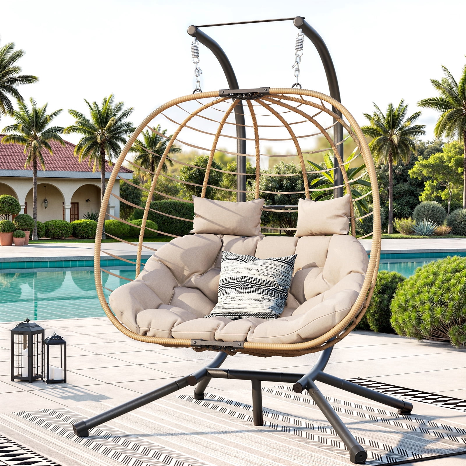 ELPOSUN Double Wicker Swing Egg Chair 2 Person Foldable Hanging Egg Chair with Stand, Porch Swing Loveseat for Patio, Balcony, Porch, Indoor，Outdoor, Beige
