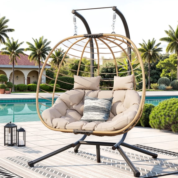 ELPOSUN Double Wicker Swing Egg Chair 2 Person Foldable Hanging Egg Chair with Stand, Porch Swing Loveseat for Patio, Balcony, Porch, Indoor，Outdoor, Beige