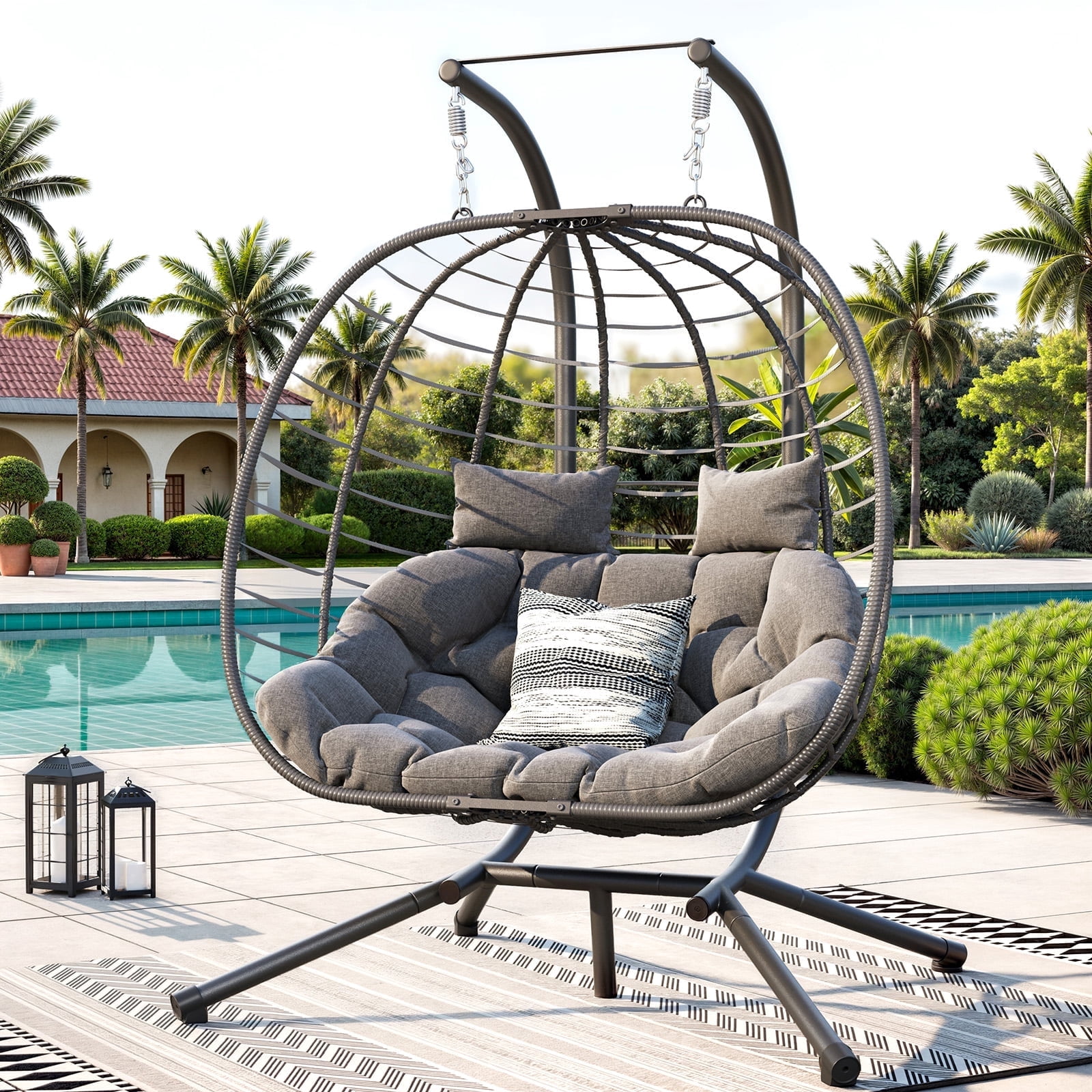 ELPOSUN Double Wicker Swing Egg Chair 2 Person Foldable Hanging Egg Chair with Stand, Porch Swing Loveseat for Patio, Balcony, Porch, Indoor，Outdoor, Gray/Gray