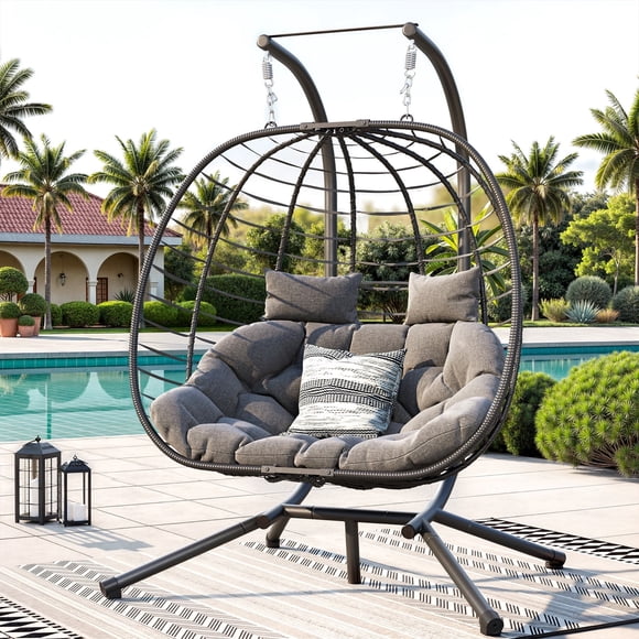 ELPOSUN Double Wicker Swing Egg Chair 2 Person Foldable Hanging Egg Chair with Stand, Porch Swing Loveseat for Patio, Balcony, Porch, Indoor，Outdoor, Black/Gray
