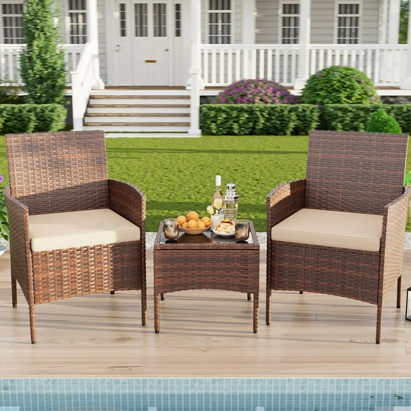 ELPOSUN 3 Piece Patio Conversation Bistro Set Outdoor Furniture Set, Porch Balcony Furniture Set,Wicker Chairs and Coffee Table Set for Patio Balcony Backyard Apartment, Beige