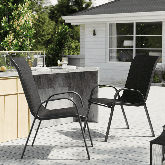 ELPOSUN Patio Chairs Set of 2, Outdoor Stackable Dining Chairs for All Weather, Breathable Garden Outdoor Furniture for Backyard Deck,Black