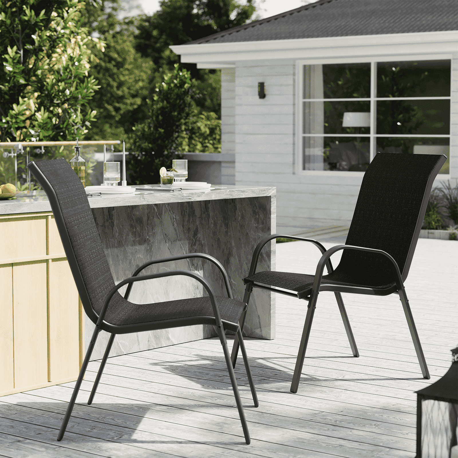 ELPOSUN Patio Chairs Set of 2, Outdoor Stackable Dining Chairs for All Weather, Breathable Garden Outdoor Furniture for Backyard Deck, Black